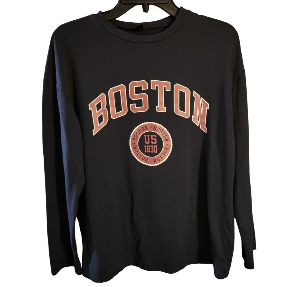 SHEIN Navy Blue Boston Graphic Long Sleeve Top XS Drop Shoulder Varsity
